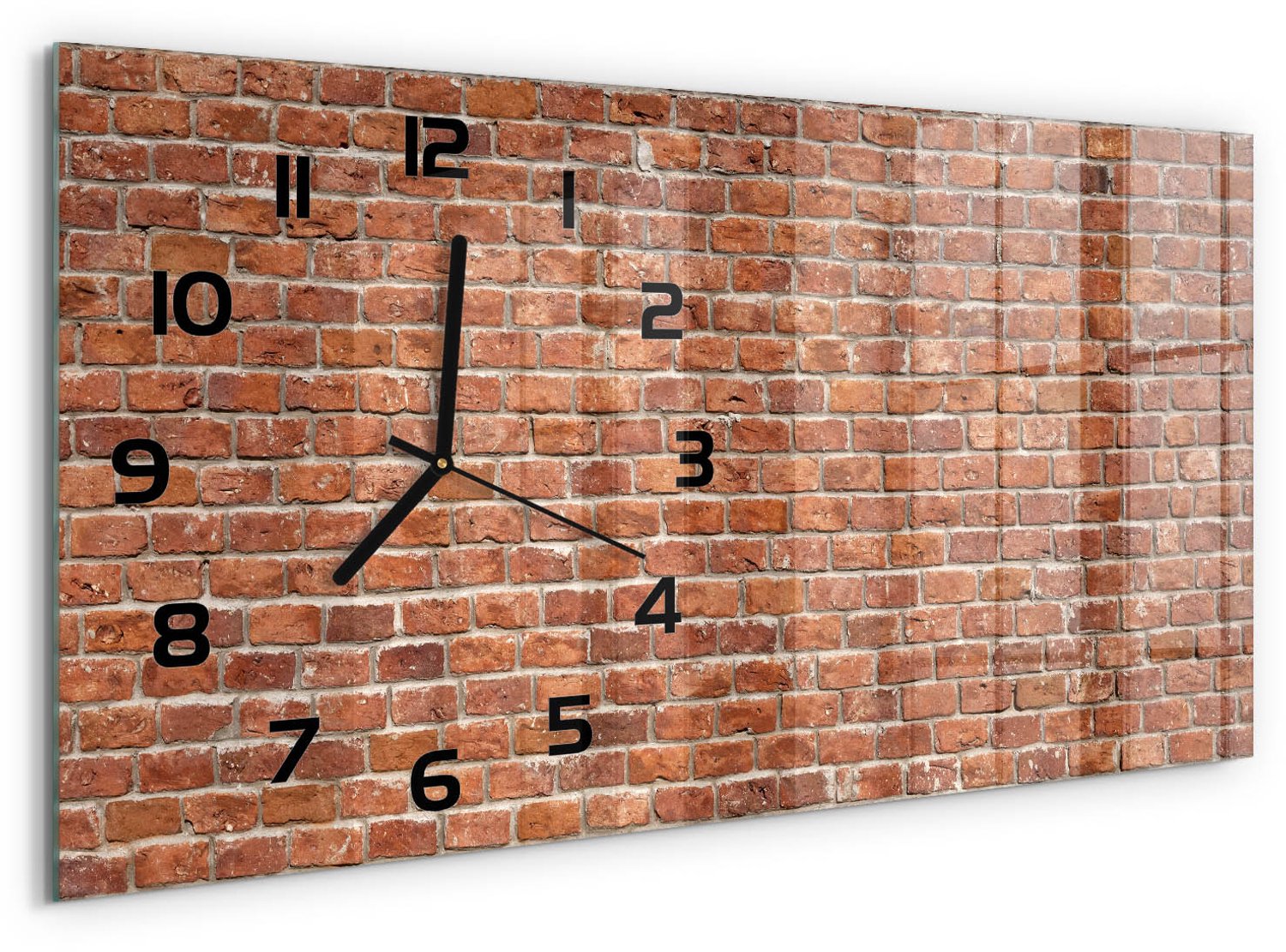 TULUP Wandklok - Bakstenen muur Wandklok Glas Met Motief - 60x30 cm - Bruin Decoratieve Glazen Klok - Zwarte handen - Rechthoekige Klok - Gekleurde Glazen Klok - Glazen Klok Met Print