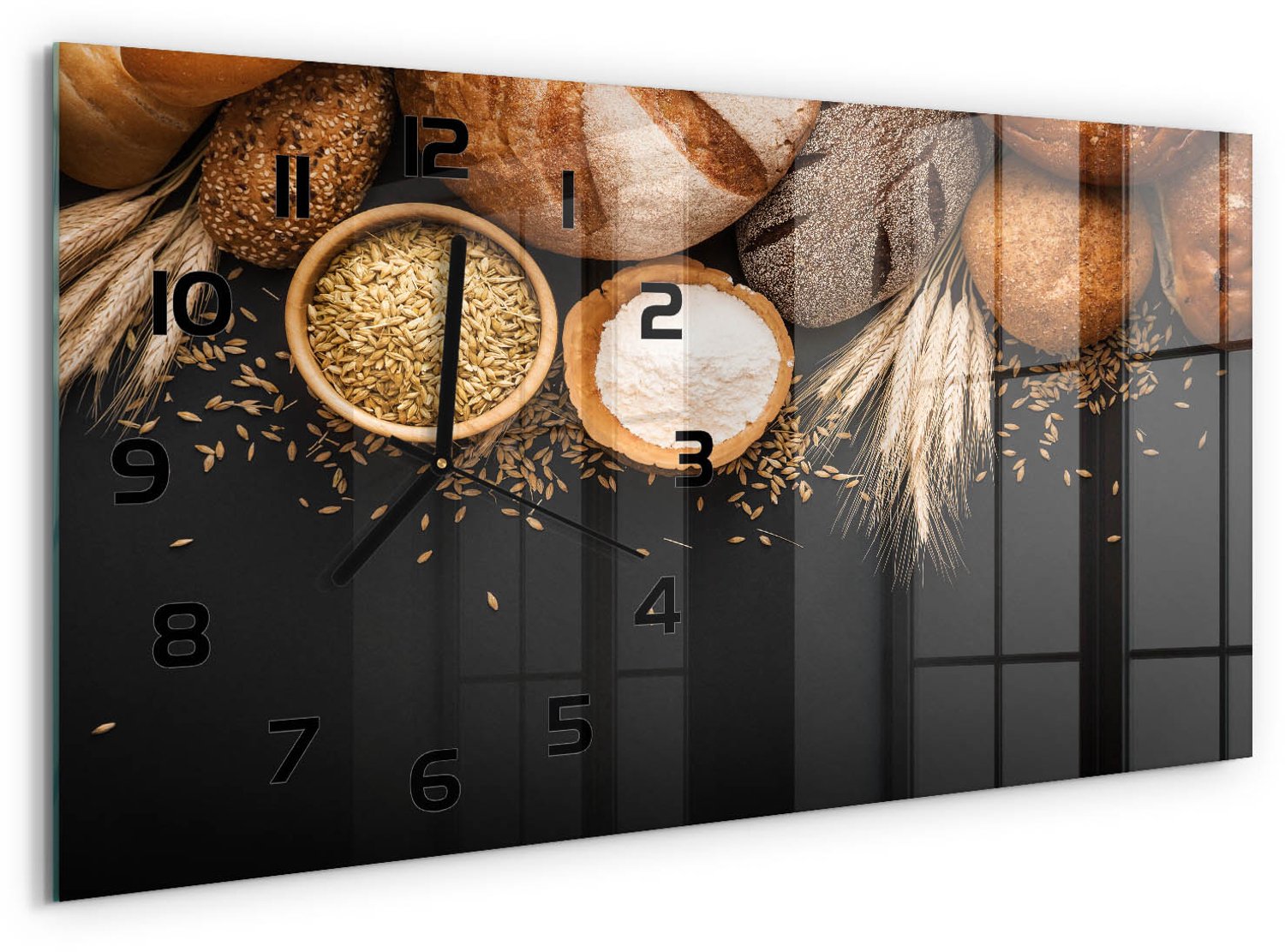 TULUP Wandklok - Brood en tarwe Klok Glas Met Opdruk - 60x30 cm - Bruin Moderne Wandklok Glas - Zwarte handen - Rechthoekige Klok - Decoratieve Glazen Klok - Glazen Wandklok Design
