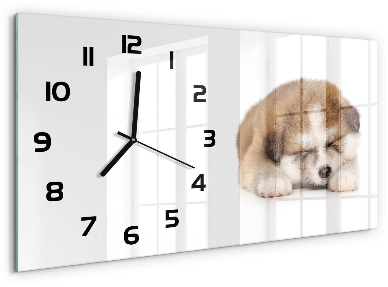 TULUP Wandklok - Akita-puppy Decoratieve Glazen Klok - 60x30 cm - Oranje Glazen Wandklok Design - Zwarte handen - Rechthoekige Klok - Glazen Klok Met Print - Wandklok Glas Met Motief