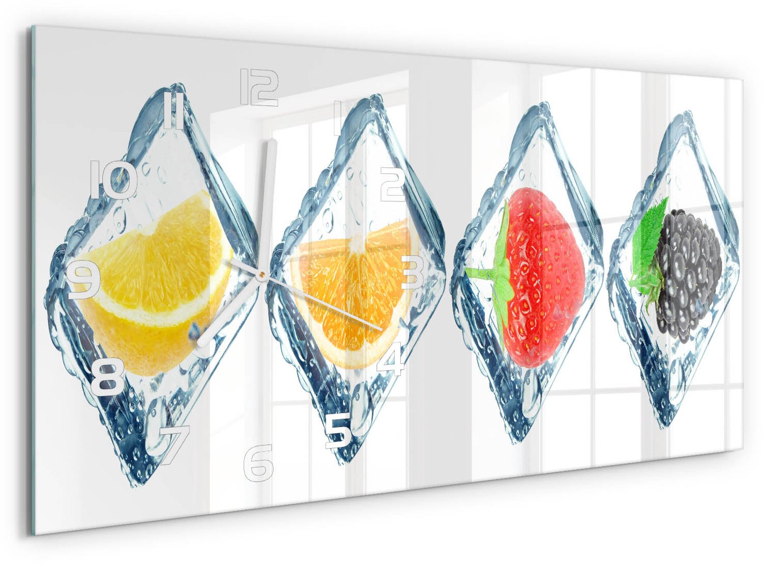 TULUP Wandklok - Fruit in blokjes Wandklok Glas Decoratie - 60x30 cm - Veelkleurig Gekleurde Glazen Klok - Witte handen - Rechthoekige Klok - Klok Glas Met Opdruk - Moderne Wandklok Glas