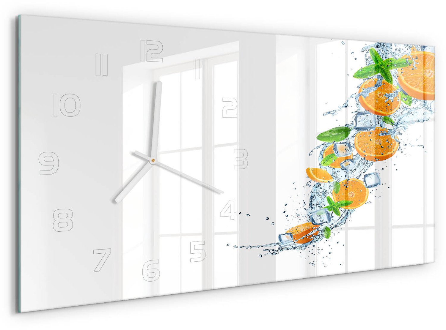 TULUP Wandklok - sinaasappels Glazen Wandklok Design - 60x30 cm - Oranje Klok Glas Met Opdruk - Witte handen - Rechthoekige Klok - Wandklok Glas Met Motief - Decoratieve Glazen Klok