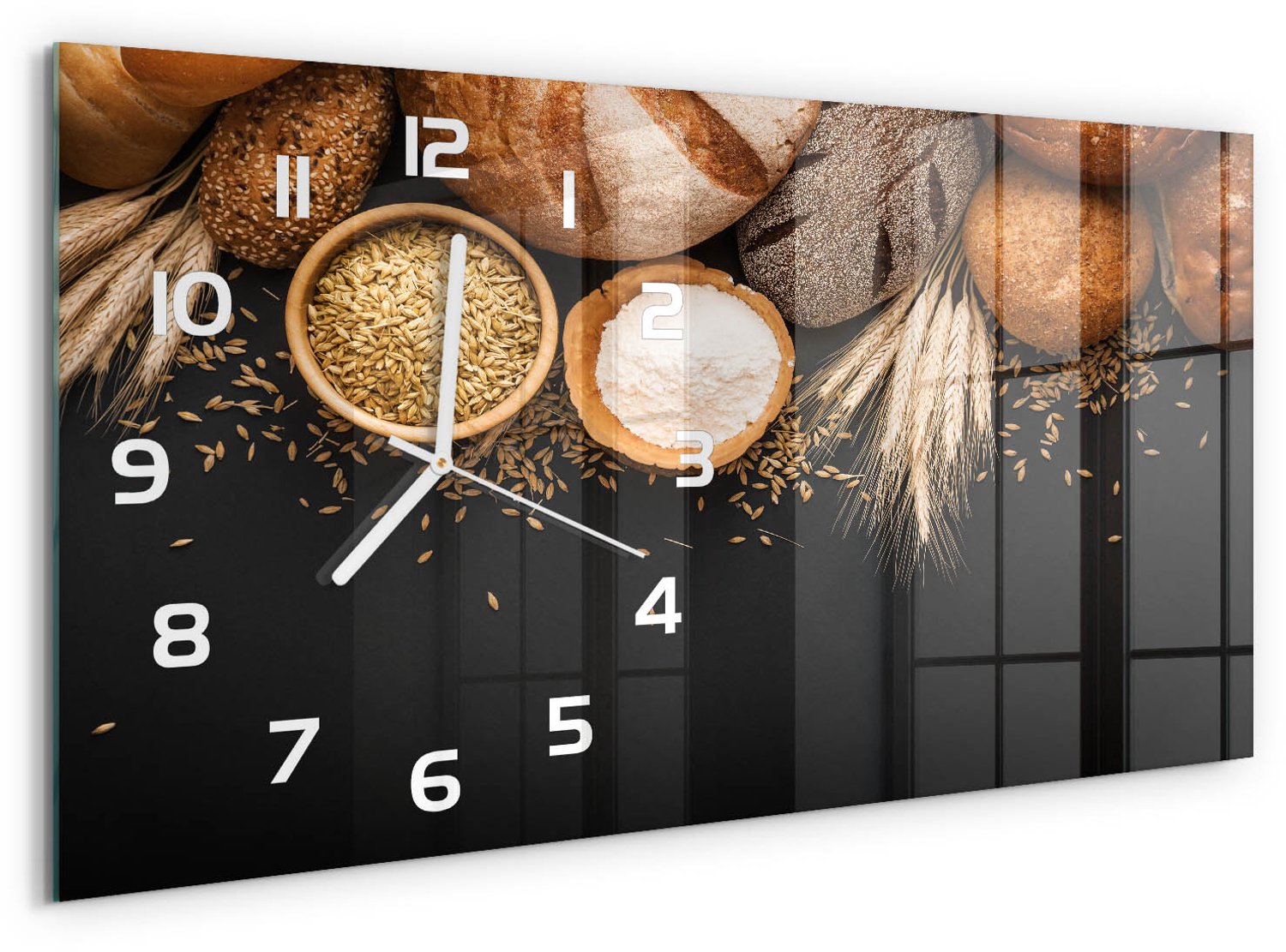 TULUP Wandklok - Brood en tarwe Glazen Klok Met Print - 60x30 cm - Bruin Wandklok Glas Met Motief - Witte handen - Rechthoekige Klok - Wandklok Glas Decoratie - Gekleurde Glazen Klok