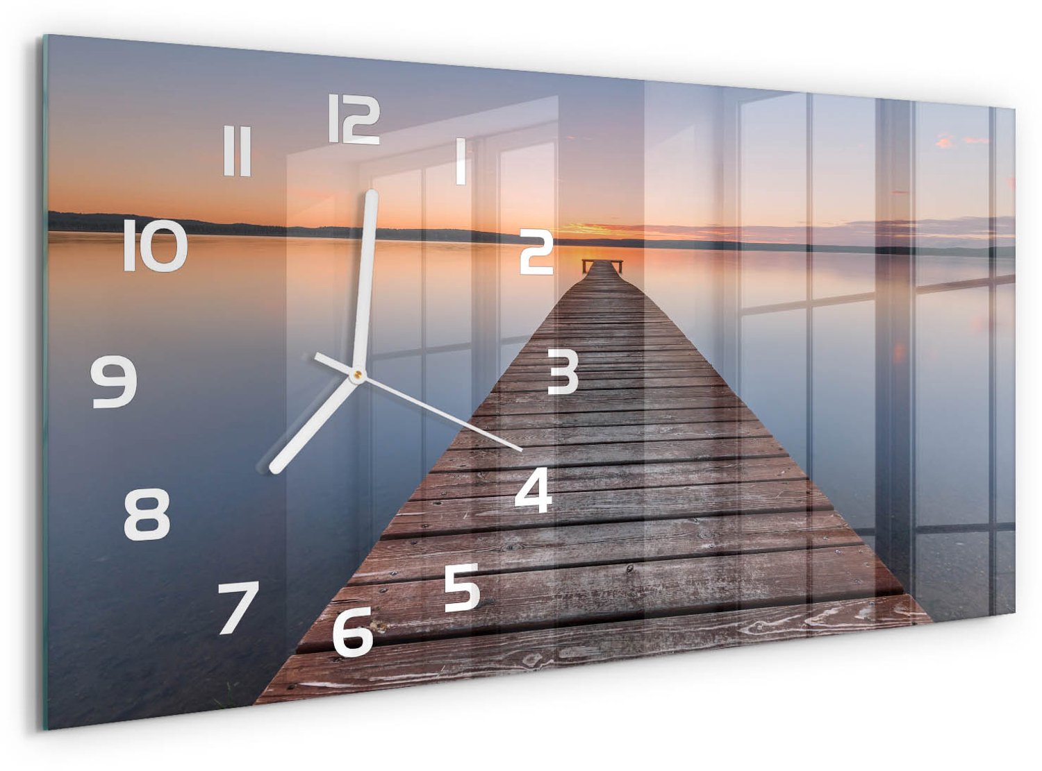 TULUP Wandklok - Houten brug Gekleurde Glazen Klok - 60x30 cm - Bruin Glazen Klok Met Print - Witte handen - Rechthoekige Klok - Moderne Wandklok Glas - Wandklok Glas Decoratie