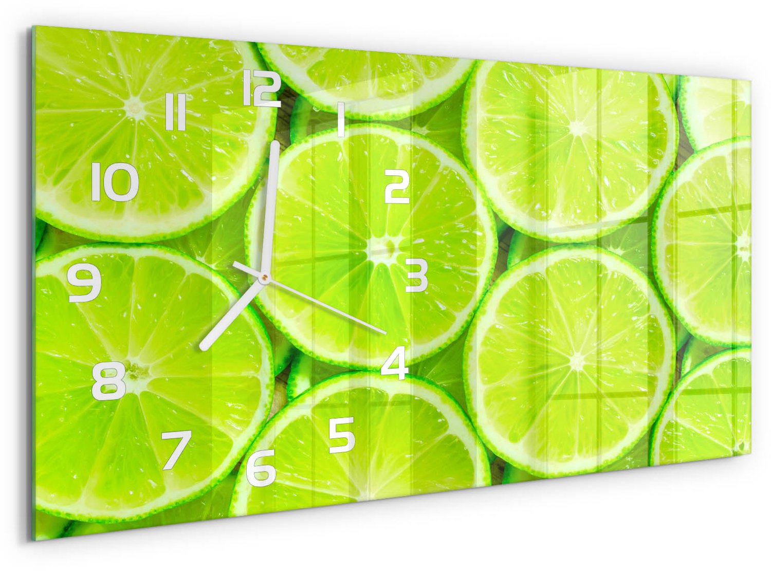 TULUP Wandklok - Limoenen Glazen Klok Met Print - 60x30 cm - Groente Wandklok Glas Met Motief - Witte handen - Rechthoekige Klok - Wandklok Glas Decoratie - Gekleurde Glazen Klok