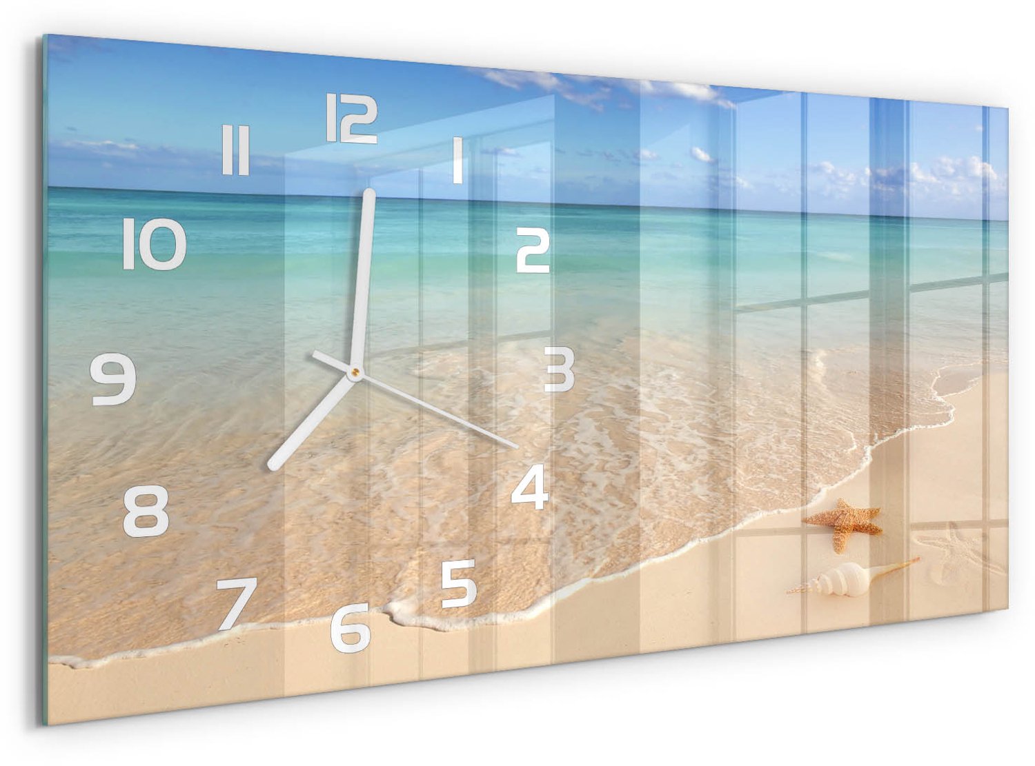 TULUP Wandklok - Zeesterren op het strand Glazen Klok Met Print - 60x30 cm - Blauw Wandklok Glas Met Motief - Witte handen - Rechthoekige Klok - Wandklok Glas Decoratie - Gekleurde Glazen Klok