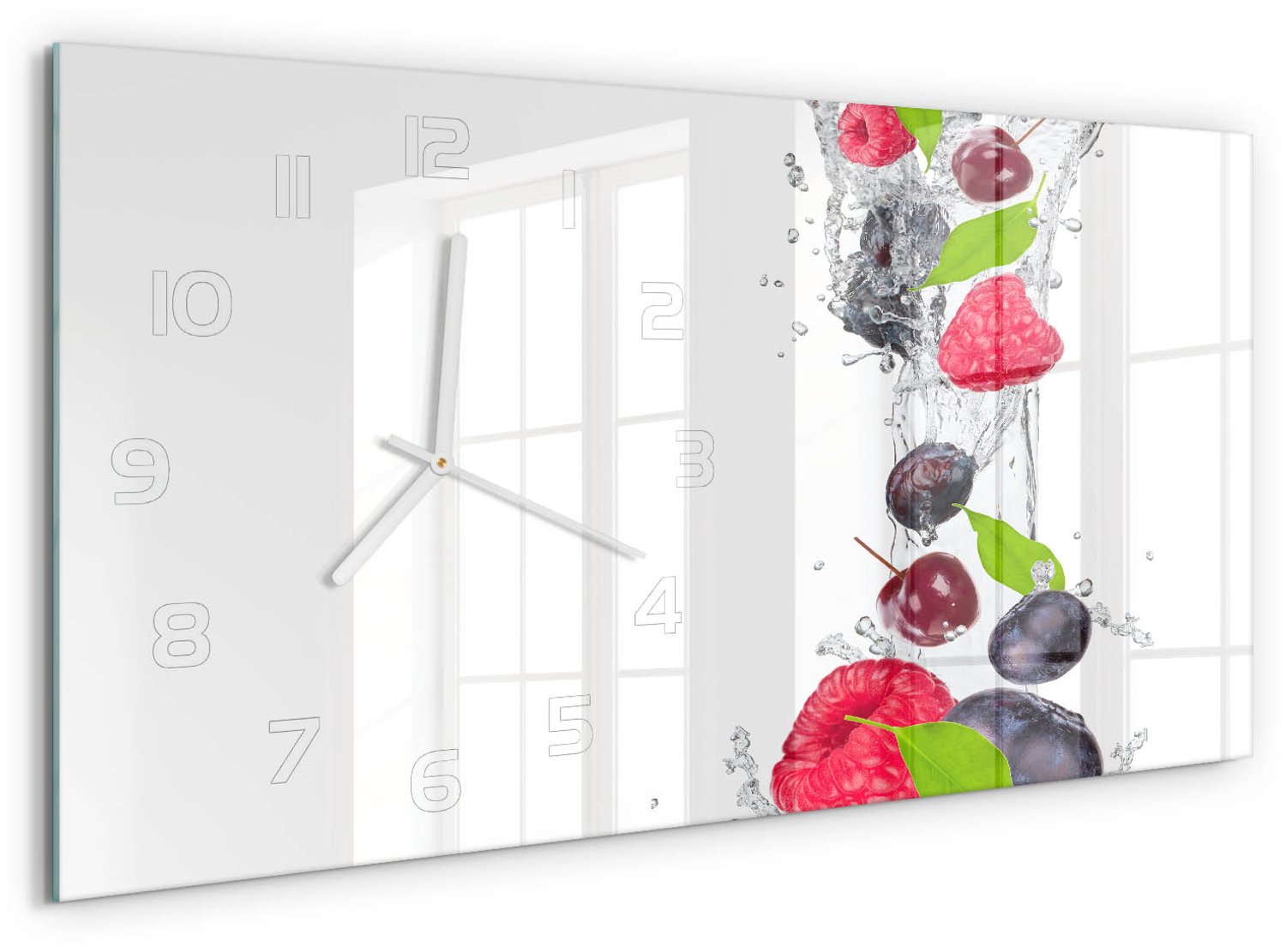 TULUP Wandklok - Fruit en water Glazen Klok Met Print - 60x30 cm - Veelkleurig Wandklok Glas Met Motief - Witte handen - Rechthoekige Klok - Wandklok Glas Decoratie - Gekleurde Glazen Klok