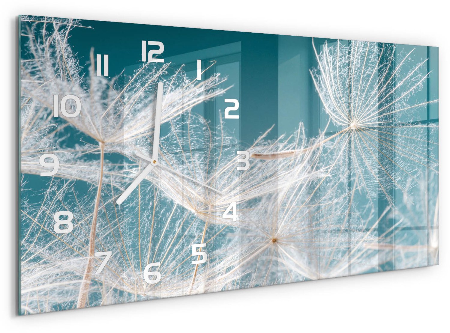 TULUP Wandklok - Paardenbloemzaden Decoratieve Glazen Klok - 60x30 cm - Wit Glazen Wandklok Design - Witte handen - Rechthoekige Klok - Glazen Klok Met Print - Wandklok Glas Met Motief