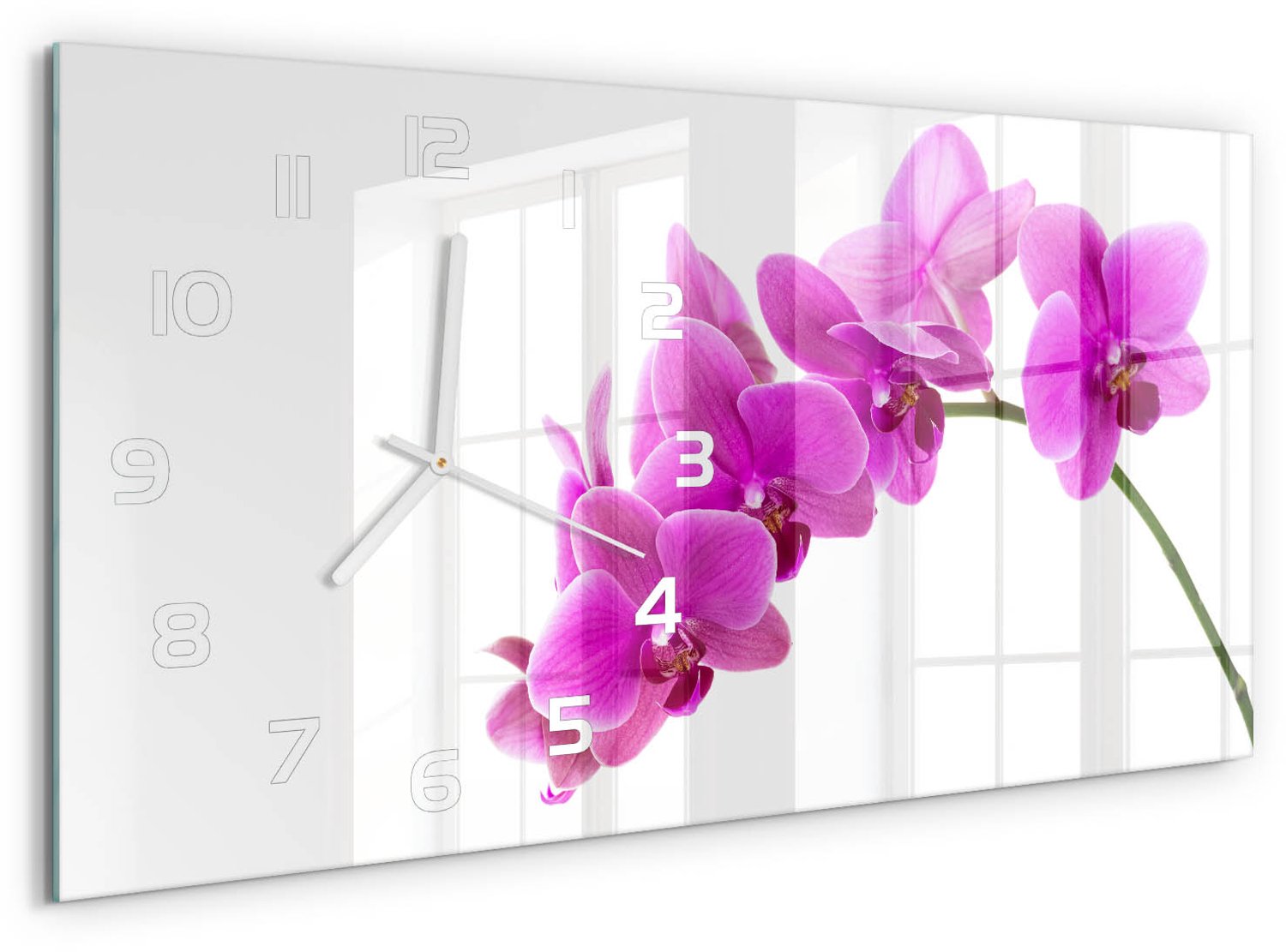 TULUP Wandklok - Roze orchidee Moderne Wandklok Glas - 60x30 cm - Roze Wandklok Glas Decoratie - Witte handen - Rechthoekige Klok - Glazen Wandklok Design - Klok Glas Met Opdruk