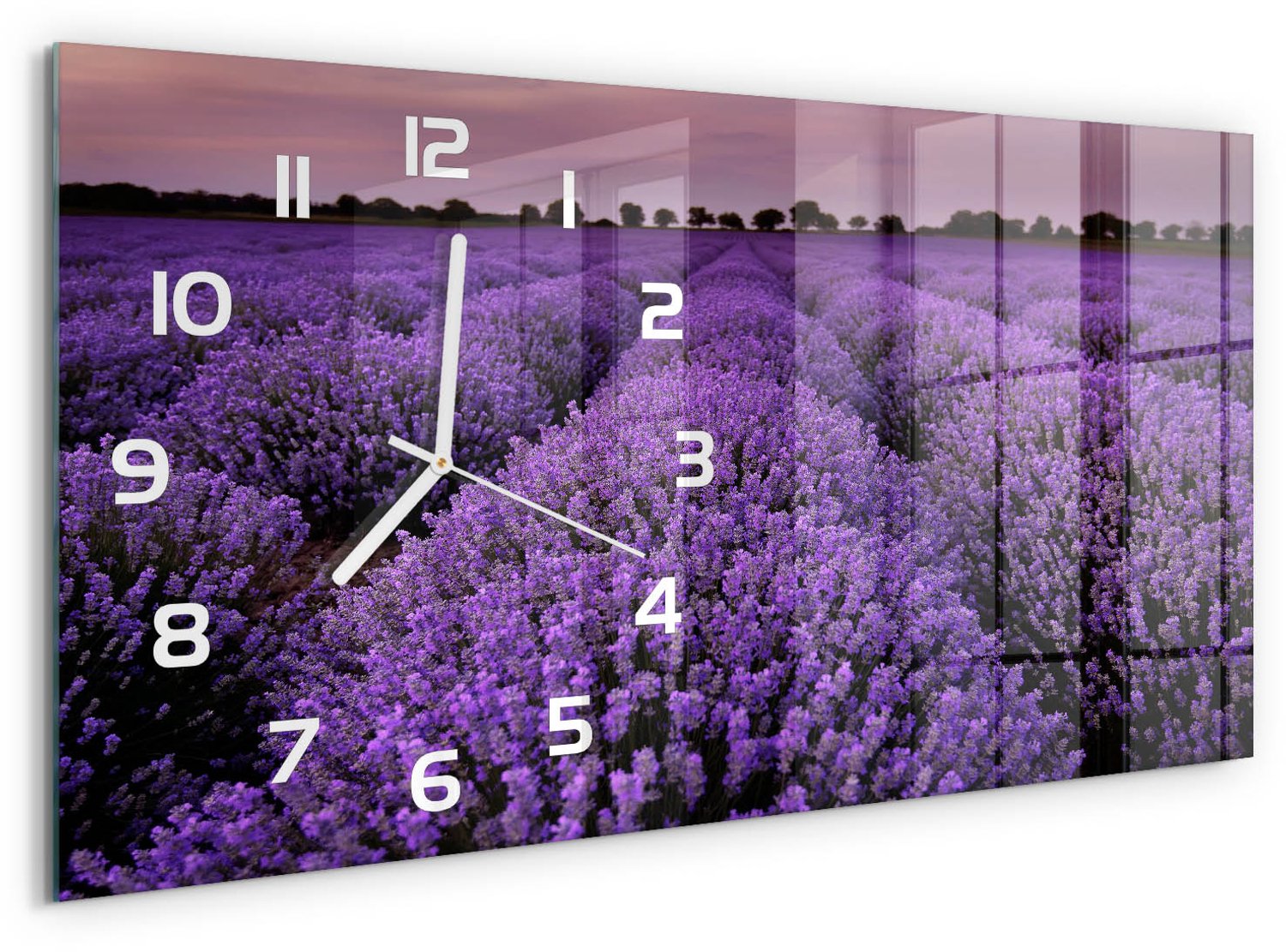TULUP Wandklok - Lavendelveld Moderne Wandklok Glas - 60x30 cm - Paars Wandklok Glas Decoratie - Witte handen - Rechthoekige Klok - Glazen Wandklok Design - Klok Glas Met Opdruk