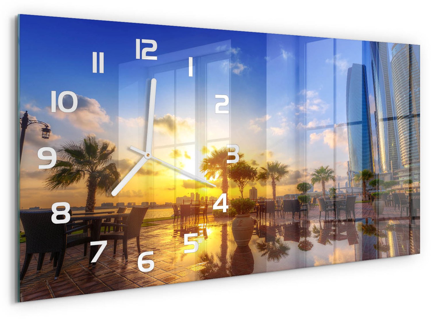 TULUP Wandklok - Abu Dhabi Oost Glazen Wandklok Design - 60x30 cm - Veelkleurig Klok Glas Met Opdruk - Witte handen - Rechthoekige Klok - Wandklok Glas Met Motief - Decoratieve Glazen Klok