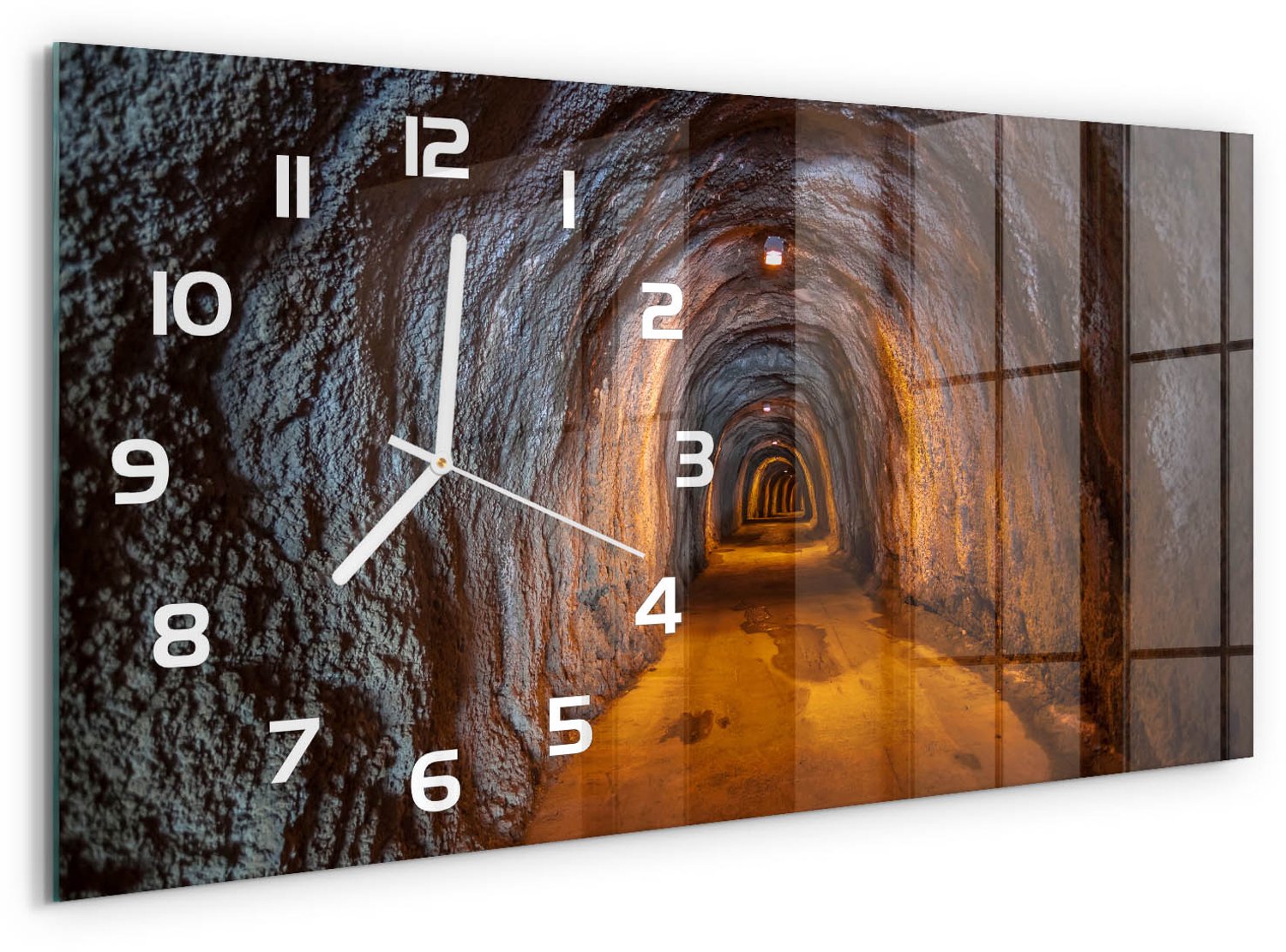 TULUP Wandklok - Ondergrondse tunnel Decoratieve Glazen Klok - 60x30 cm - Oranje Glazen Wandklok Design - Witte handen - Rechthoekige Klok - Glazen Klok Met Print - Wandklok Glas Met Motief
