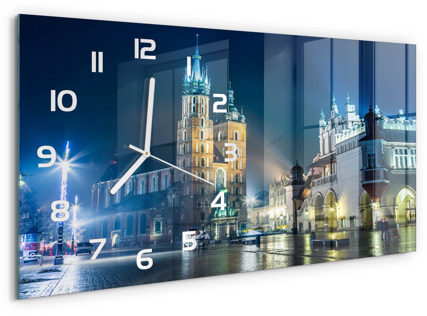 TULUP Wandklok - Krakau bij nacht Decoratieve Glazen Klok - 60x30 cm - Blauw Glazen Wandklok Design - Witte handen - Rechthoekige Klok - Glazen Klok Met Print - Wandklok Glas Met Motief