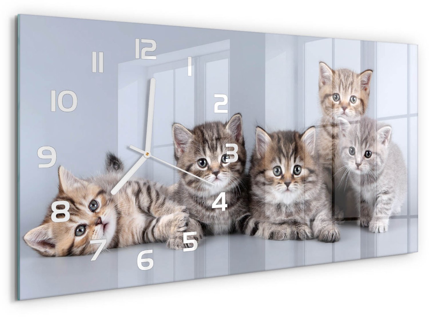 TULUP Wandklok - Vijf katten Glazen Wandklok Design - 60x30 cm - Bruin Klok Glas Met Opdruk - Witte handen - Rechthoekige Klok - Wandklok Glas Met Motief - Decoratieve Glazen Klok