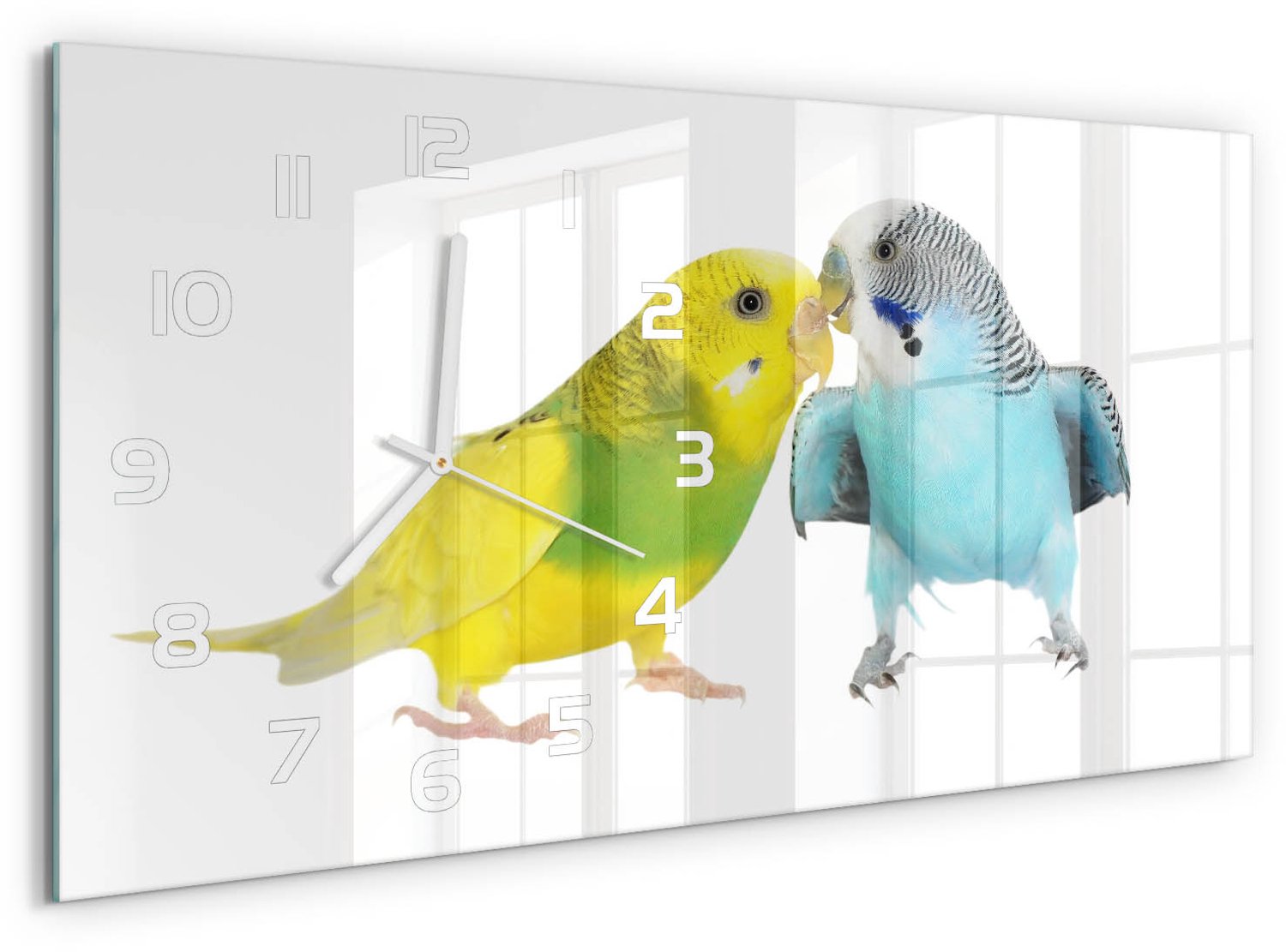 TULUP Wandklok - Parkieten Moderne Wandklok Glas - 60x30 cm - Veelkleurig Wandklok Glas Decoratie - Witte handen - Rechthoekige Klok - Glazen Wandklok Design - Klok Glas Met Opdruk