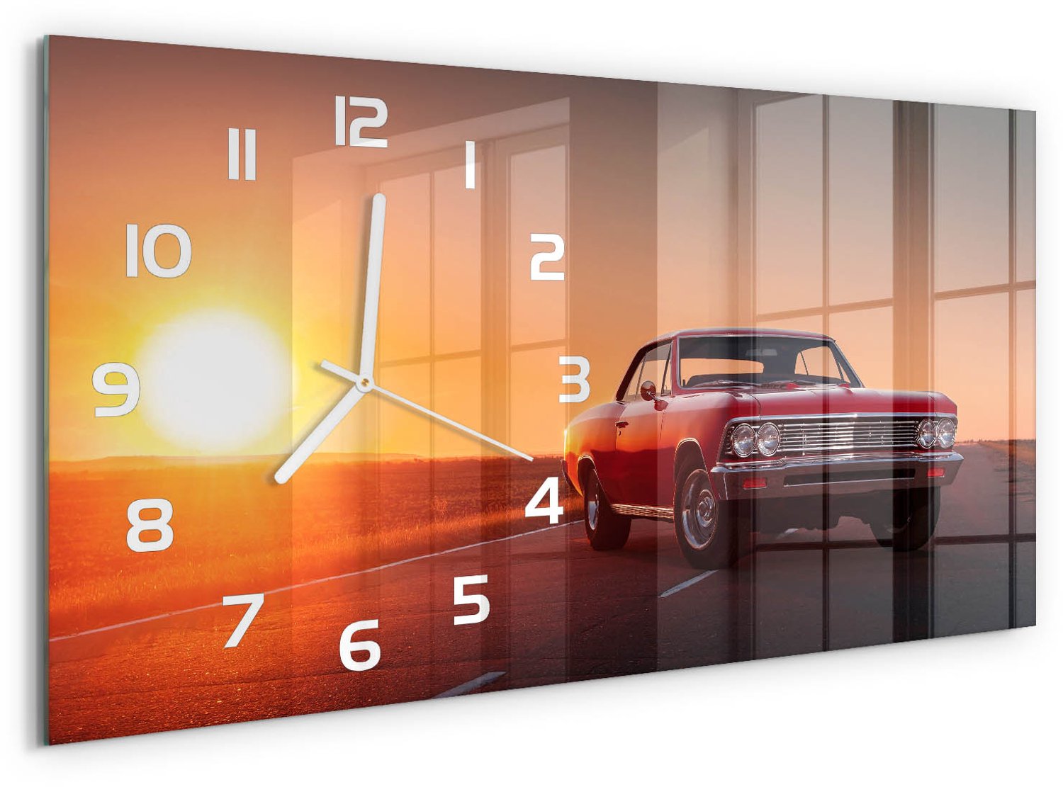 TULUP Wandklok - Rode auto Klok Glas Met Opdruk - 60x30 cm - Rood Moderne Wandklok Glas - Witte handen - Rechthoekige Klok - Decoratieve Glazen Klok - Glazen Wandklok Design