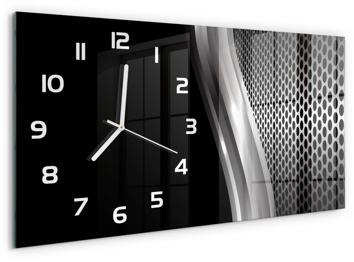 TULUP Wandklok - Metaalabstractie Glazen Wandklok Design - 60x30 cm - Zwart Klok Glas Met Opdruk - Witte handen - Rechthoekige Klok - Wandklok Glas Met Motief - Decoratieve Glazen Klok