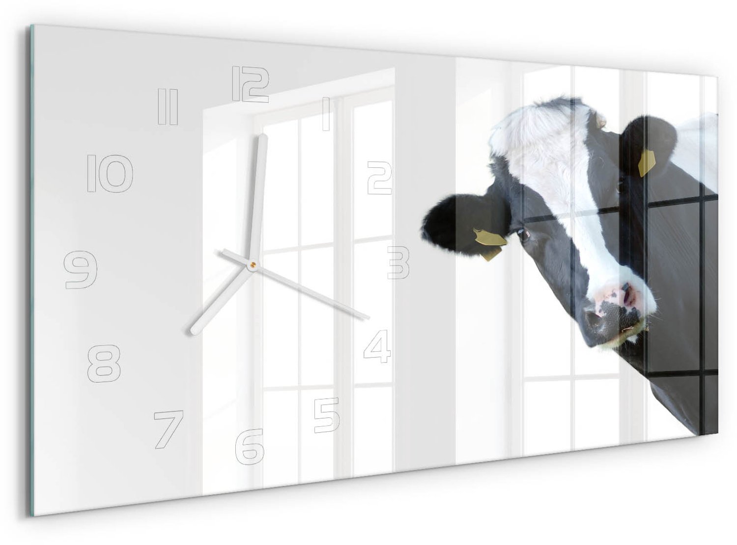 TULUP Wandklok - Koe Decoratieve Glazen Klok - 60x30 cm - Zwart-wit Glazen Wandklok Design - Witte handen - Rechthoekige Klok - Glazen Klok Met Print - Wandklok Glas Met Motief