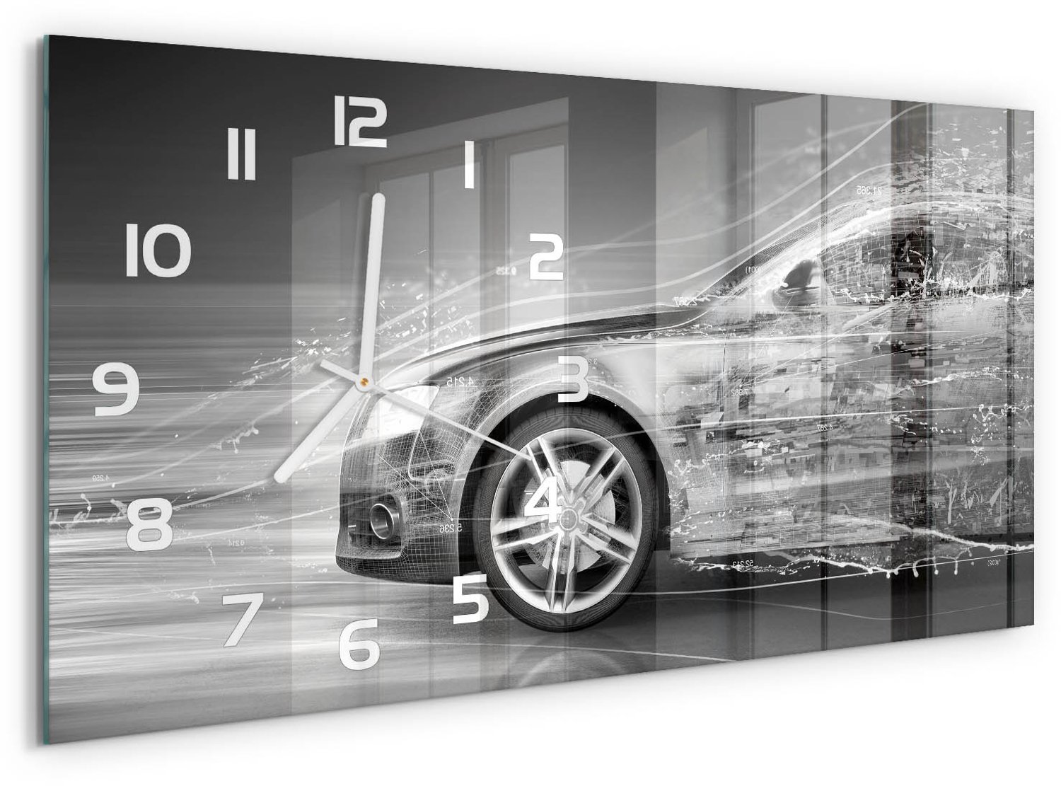 TULUP Wandklok - Versnellende auto Moderne Wandklok Glas - 60x30 cm - Grijs Wandklok Glas Decoratie - Witte handen - Rechthoekige Klok - Glazen Wandklok Design - Klok Glas Met Opdruk