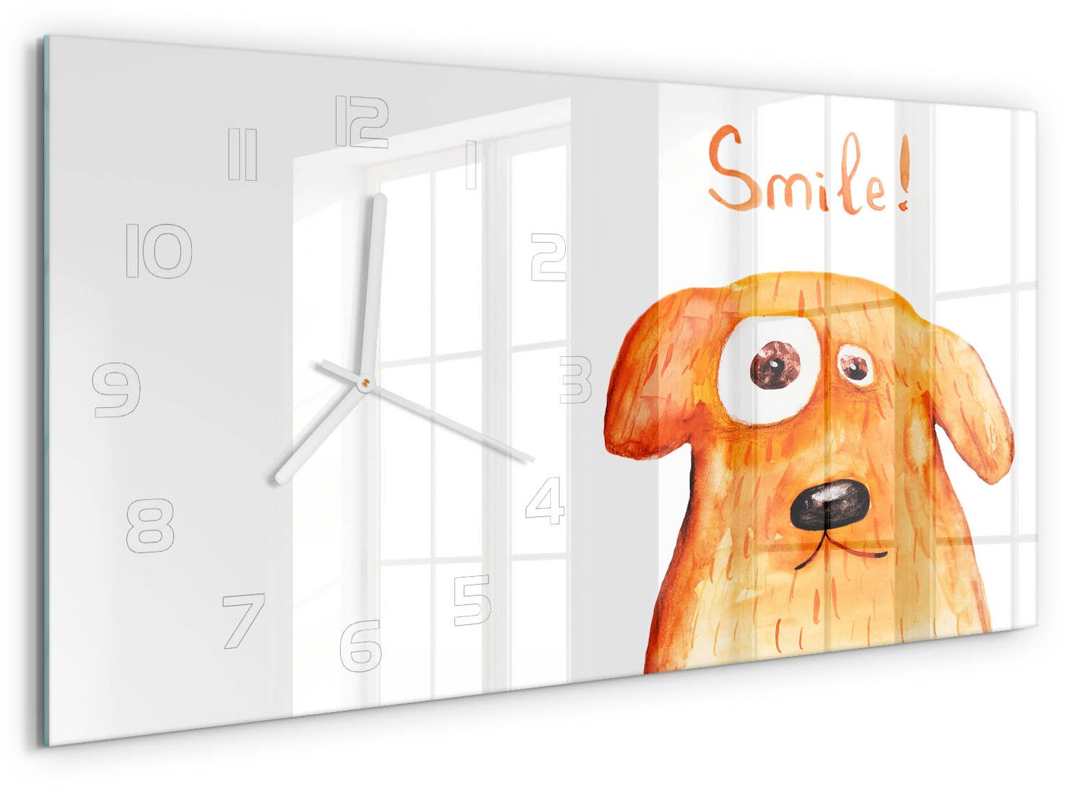TULUP Wandklok - Hond Glazen Klok Met Print - 60x30 cm - Oranje Wandklok Glas Met Motief - Witte handen - Rechthoekige Klok - Wandklok Glas Decoratie - Gekleurde Glazen Klok