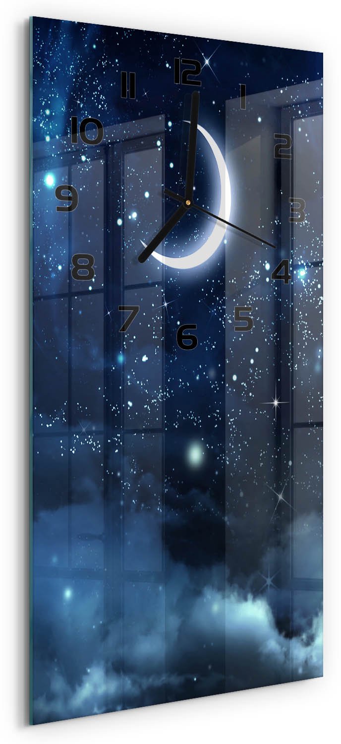 Tulup Wandklok - Sterrenhemel Glazen Klok Met Print - 30x60 cm - Blauw Wandklok Glas Met Motief - Zwarte handen - Rechthoekige Klok - Wandklok Glas Decoratie - Gekleurde Glazen Klok