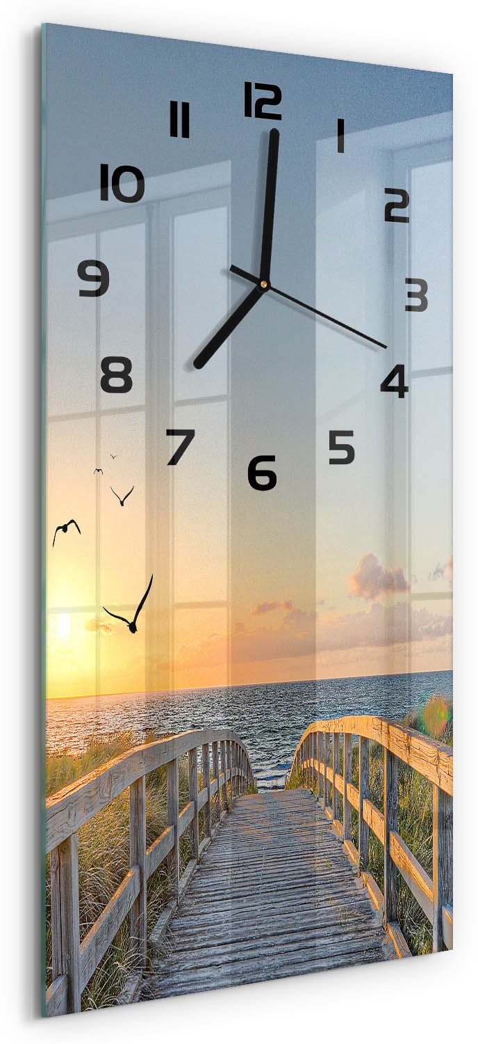 Tulup Wandklok - De weg naar het strand Gekleurde Glazen Klok - 30x60 cm - Oranje Glazen Klok Met Print - Zwarte handen - Rechthoekige Klok - Moderne Wandklok Glas - Wandklok Glas Decoratie