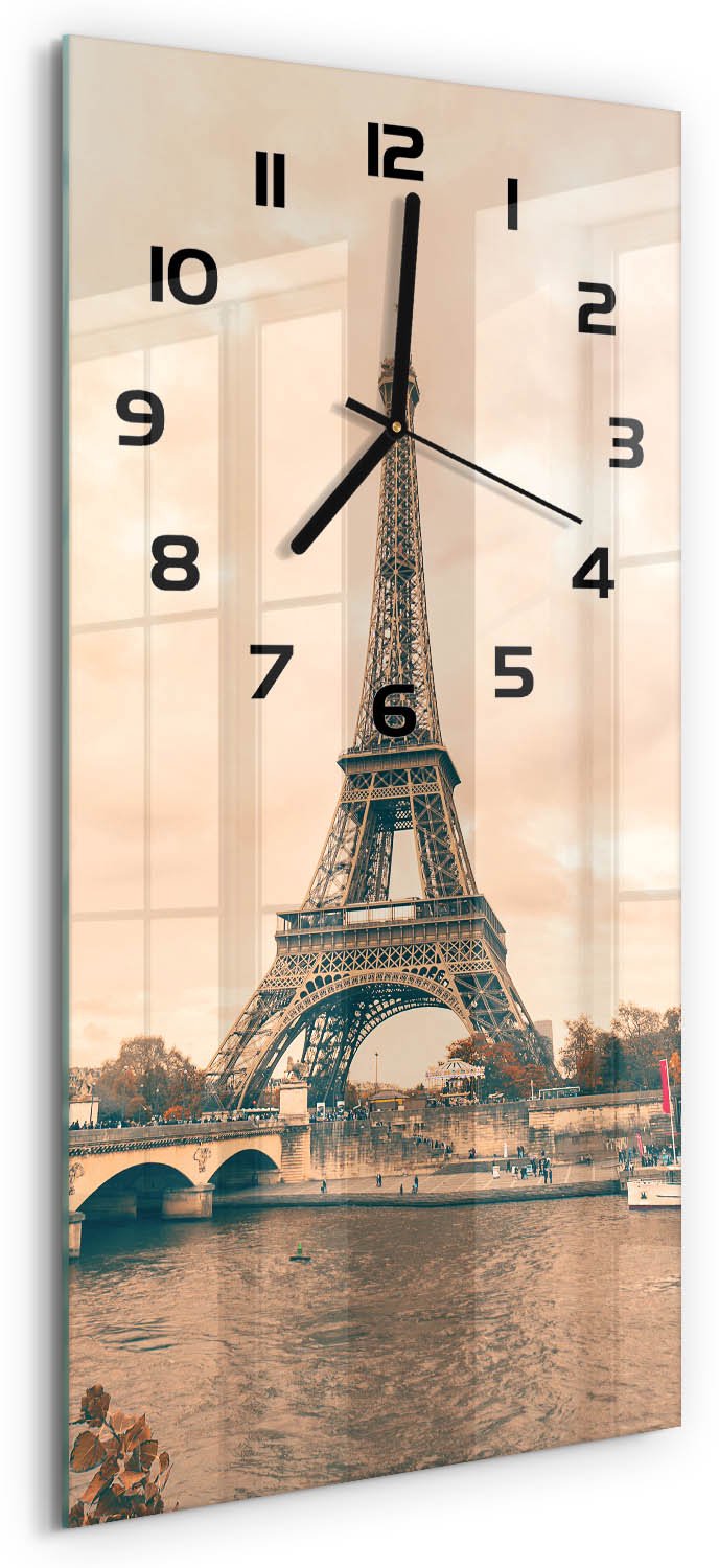 Tulup Wandklok - Eiffeltoren Parijs Glazen Wandklok Design - 30x60 cm - Oranje Klok Glas Met Opdruk - Zwarte handen - Rechthoekige Klok - Wandklok Glas Met Motief - Decoratieve Glazen Klok