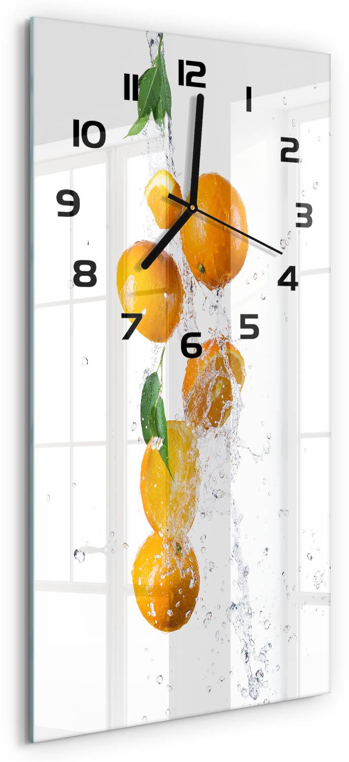 Tulup Wandklok - Sinaasappels en water Wandklok Glas Decoratie - 30x60 cm - Geel Gekleurde Glazen Klok - Zwarte handen - Rechthoekige Klok - Klok Glas Met Opdruk - Moderne Wandklok Glas