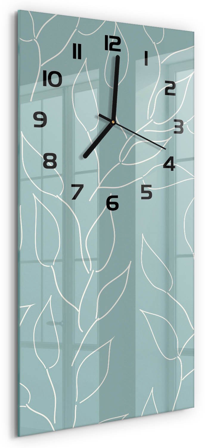 Tulup Wandklok - Bladeren Moderne Wandklok Glas - 30x60 cm - Blauw Wandklok Glas Decoratie - Zwarte handen - Rechthoekige Klok - Glazen Wandklok Design - Klok Glas Met Opdruk