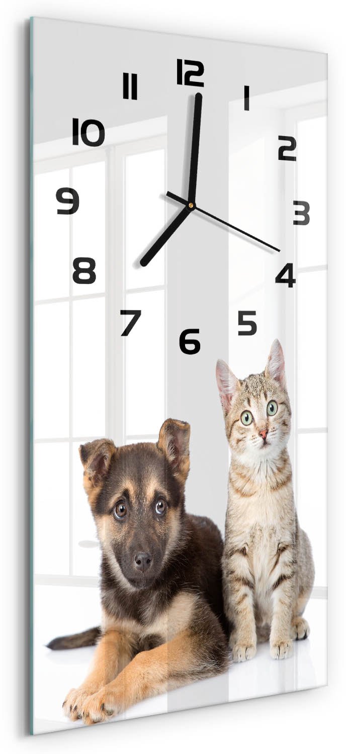 Tulup Wandklok - Hond en kat Decoratieve Glazen Klok - 30x60 cm - Zwart Glazen Wandklok Design - Zwarte handen - Rechthoekige Klok - Glazen Klok Met Print - Wandklok Glas Met Motief