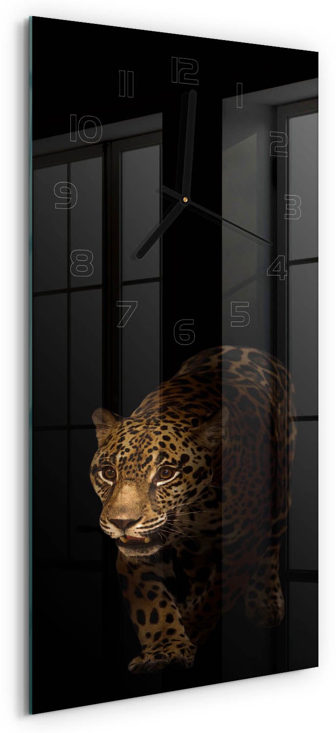 Tulup Wandklok - Jaguar Glazen Klok Met Print - 30x60 cm - Zwart Wandklok Glas Met Motief - Zwarte handen - Rechthoekige Klok - Wandklok Glas Decoratie - Gekleurde Glazen Klok