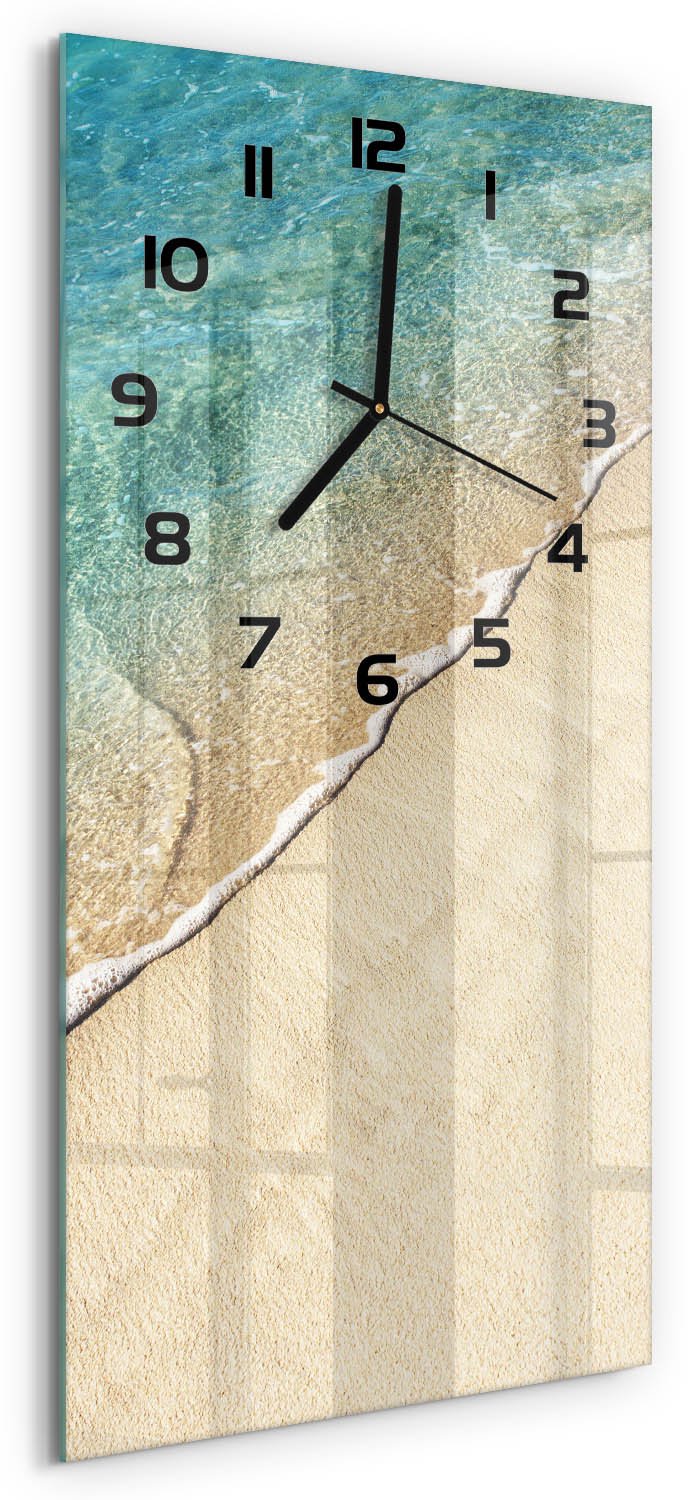 Tulup Wandklok - Golf op het strand Glazen Klok Met Print - 30x60 cm - Blauw Wandklok Glas Met Motief - Zwarte handen - Rechthoekige Klok - Wandklok Glas Decoratie - Gekleurde Glazen Klok