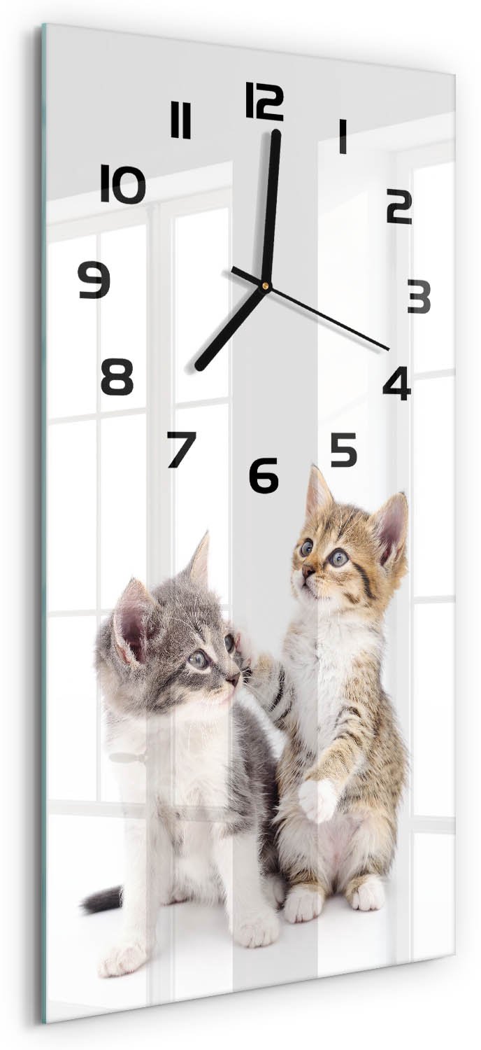 Tulup Wandklok - Twee kleine katjes Glazen Klok Met Print - 30x60 cm - Beige Wandklok Glas Met Motief - Zwarte handen - Rechthoekige Klok - Wandklok Glas Decoratie - Gekleurde Glazen Klok