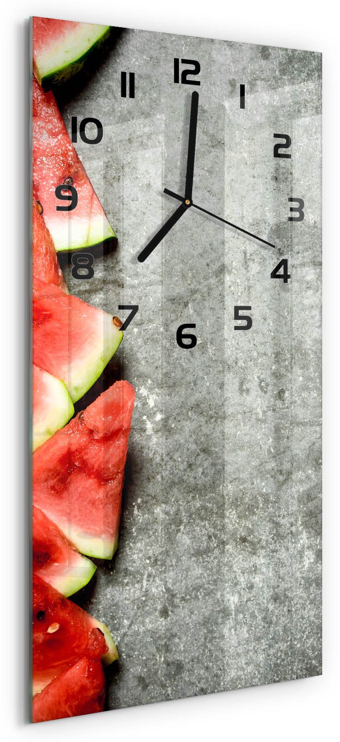Tulup Wandklok - Gesneden watermeloen Klok Glas Met Opdruk - 30x60 cm - Rood Moderne Wandklok Glas - Zwarte handen - Rechthoekige Klok - Decoratieve Glazen Klok - Glazen Wandklok Design