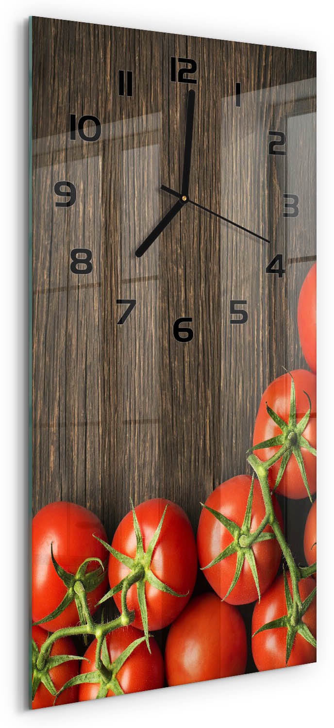 Tulup Wandklok - Tomaten op hout Wandklok Glas Met Motief - 30x60 cm - Rood Decoratieve Glazen Klok - Zwarte handen - Rechthoekige Klok - Gekleurde Glazen Klok - Glazen Klok Met Print