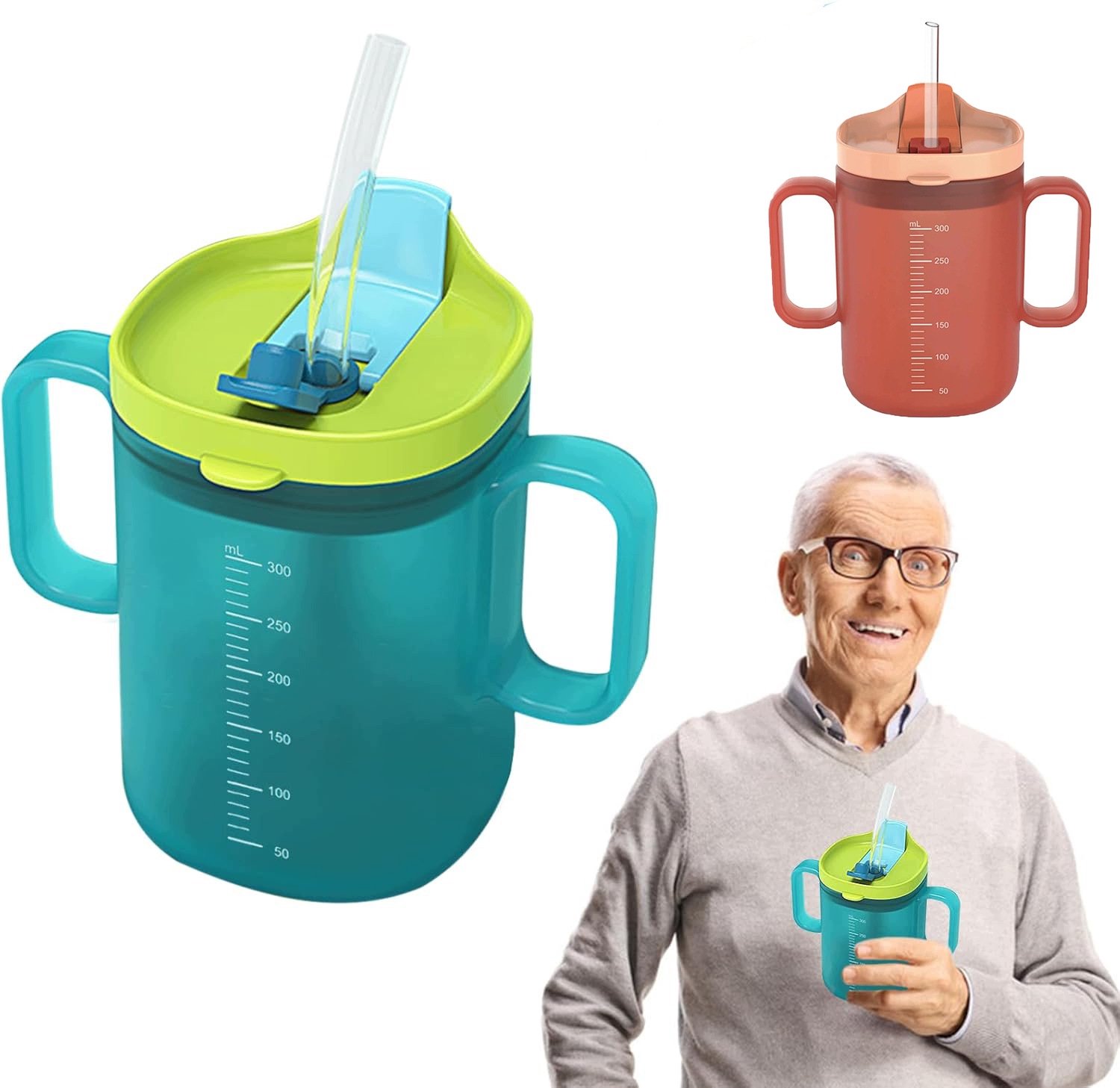 Set van 2 lekvrije drinkbekers met handvatten voor volwassenen, 300ml