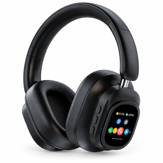 Zwarte over-ear koptelefoon met LED touchscreen display met icoontjes voor muziek, instellingen en batterij.