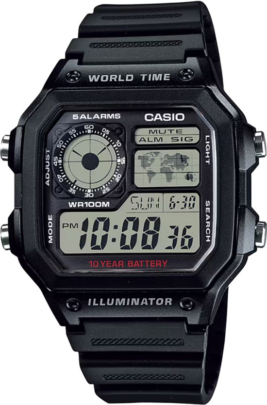 Zwarte Casio World Time horloge met wereldkaart, 5 alarmen en datum. Grote digitale tijdsaanduiding: 10:08.