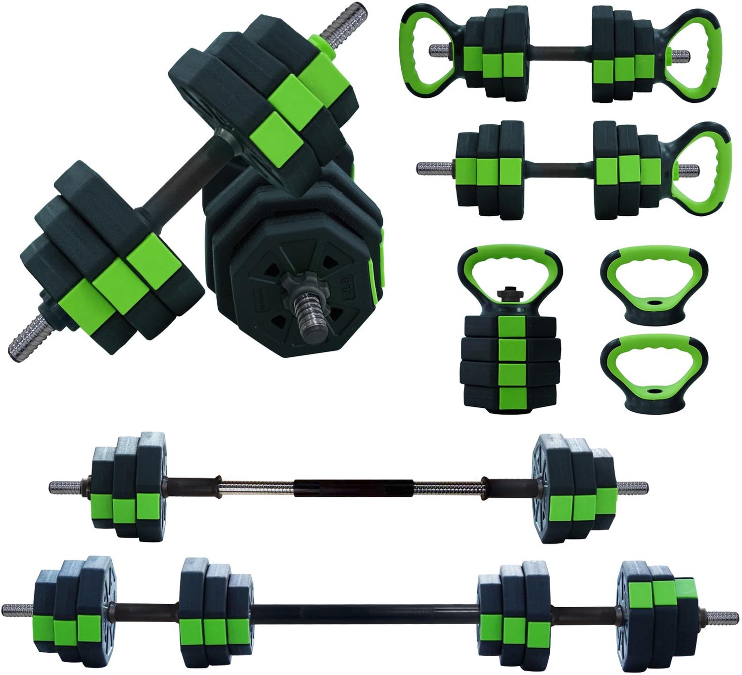Halterset Verstelbaar 4 in 1 20 kg - Halterstang Kettlebell & Push Up Stand - Veelzijdig voor Thuisgym - Zwart Groen