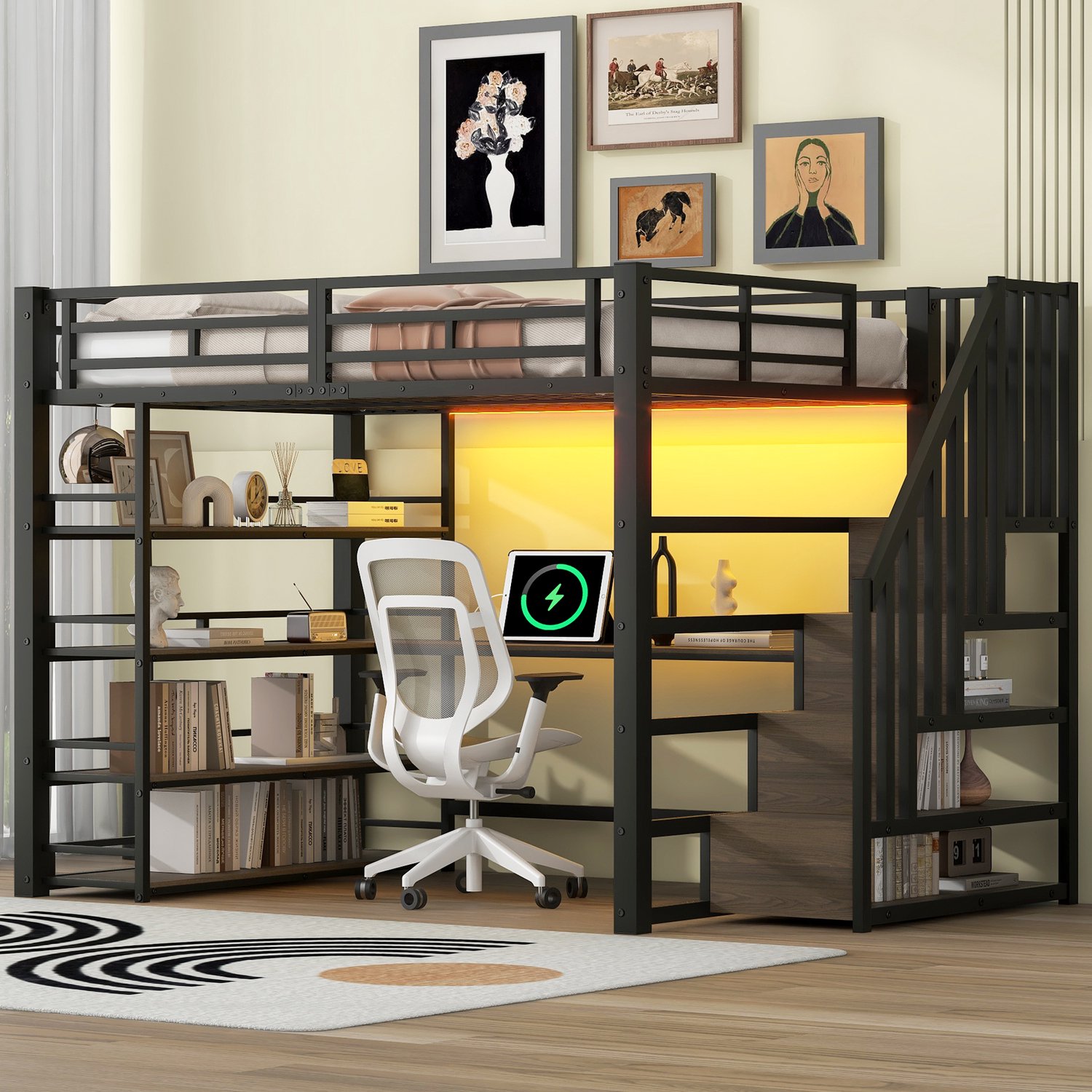 MUVANO Metalen hoogslaper 140x200 - geïntegreerd bureau - trap met opbergruimte - ledverlichting en USB-oplaadstation - zwart - 3-in-1 slaapkamerbed
