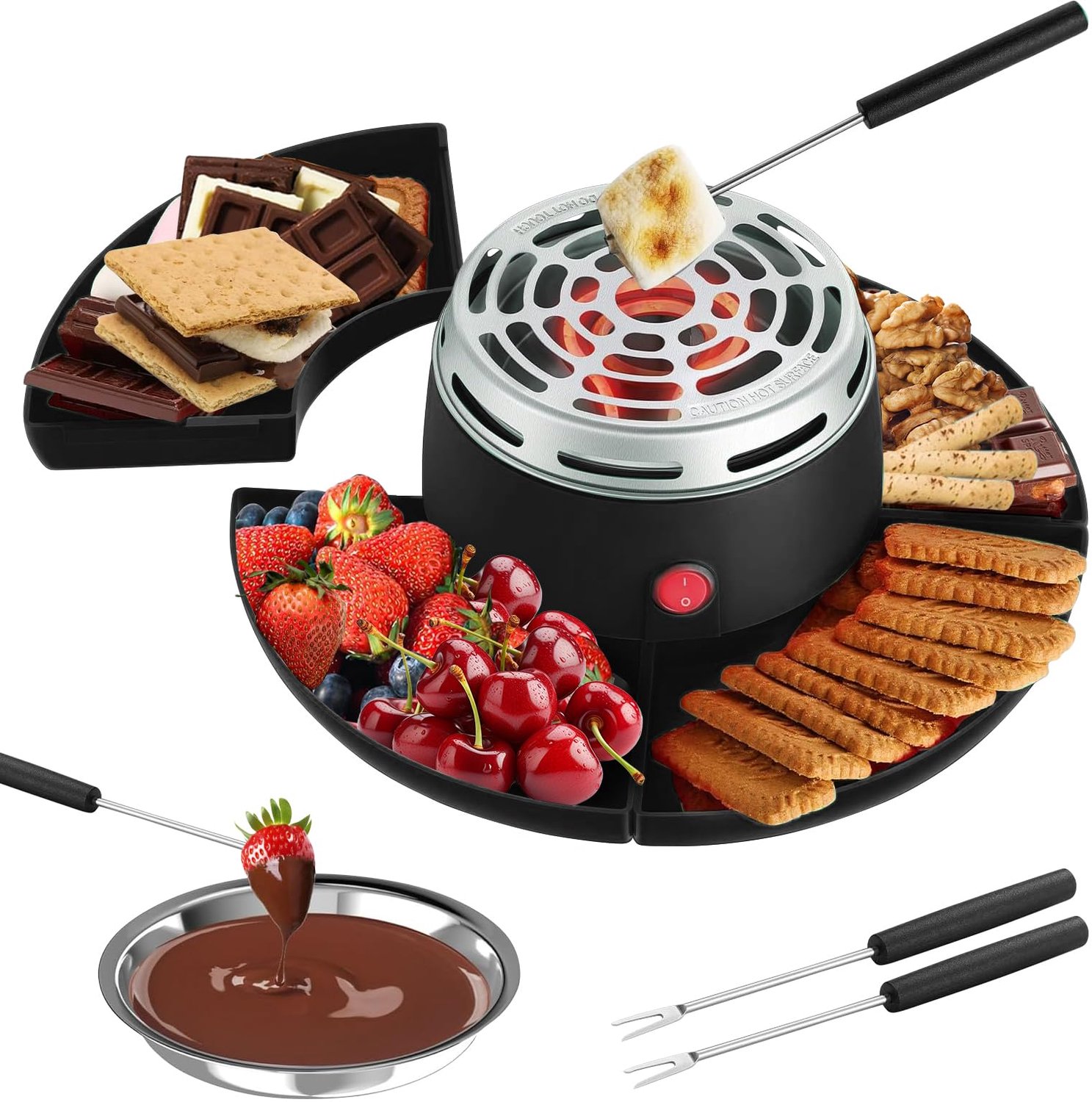 Namajunas - 2-in-1 S'mores maker en chocolade fondue set - 4 Afneembaar blad - Met 4 Marshmallow rooster & 260ML RVS Blad - Vlamvrij voor binnen - Verdeeld serveerblad - Voor marshmallows, chocolade en kaas - Cadeau - Voor feesten en kamperen