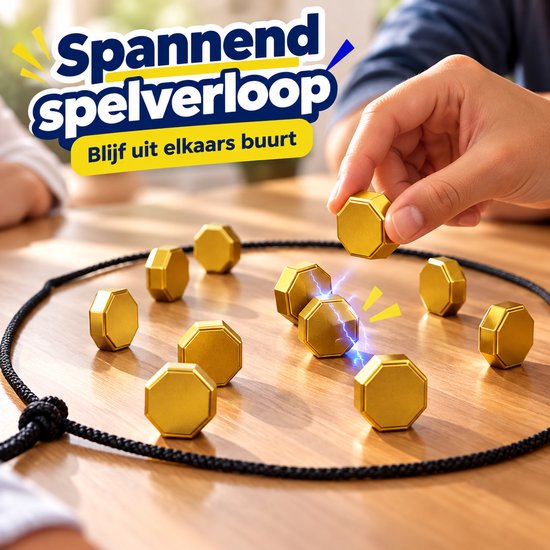 Close-up van handen die goudkleurige magneten in het speelveld plaatsen, met visuele vonken.