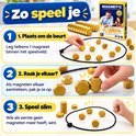 Instructiekaart met drie stappen voor het magnetische spel met goudkleurige stenen.