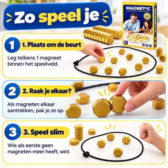 Instructiekaart met drie stappen voor het magnetische spel met goudkleurige stenen.