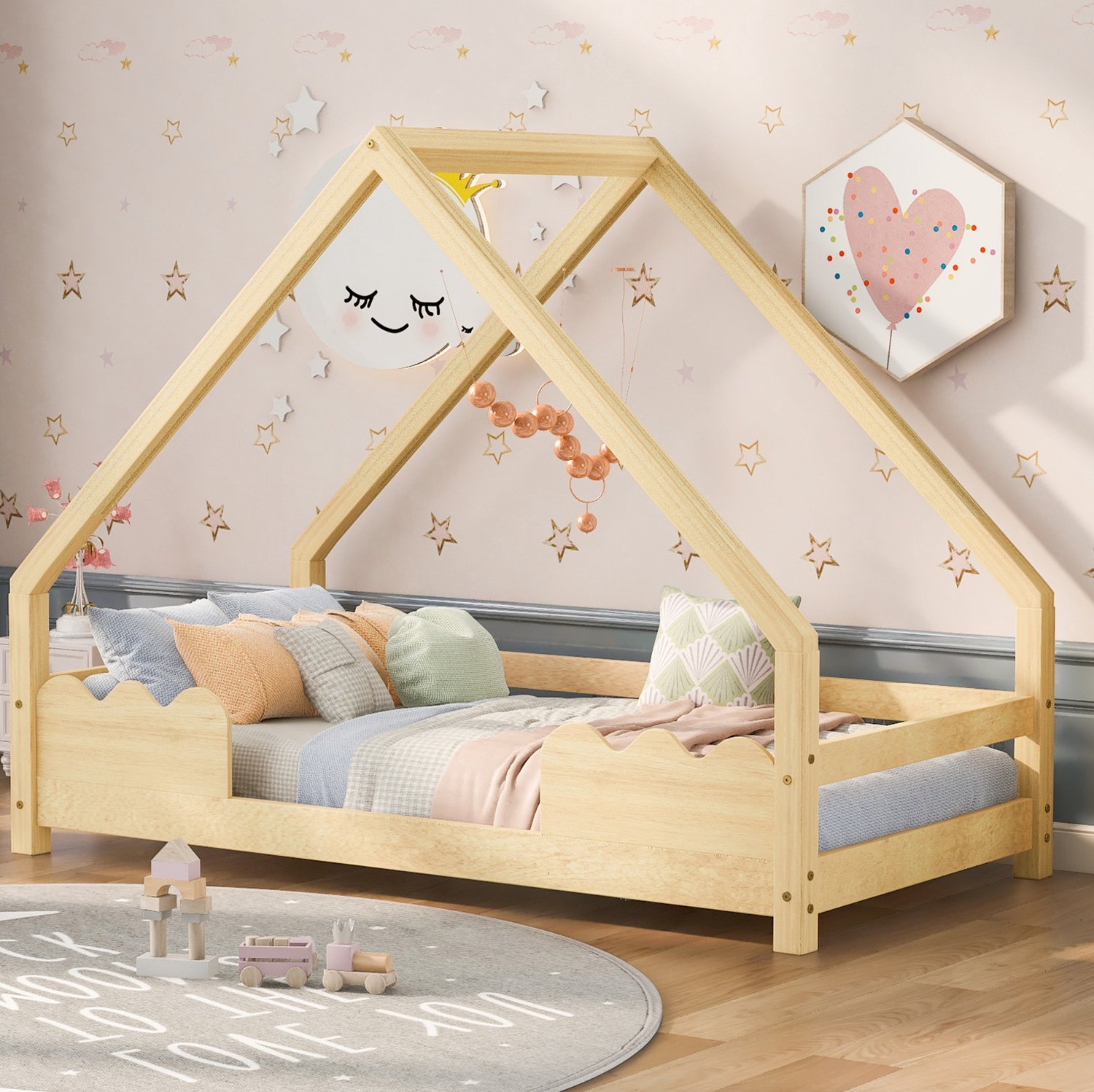 Maisentiel Kinderhuisbed 90x200 cm met uitvalbeveiliging en lattenbodem - hout - naturel