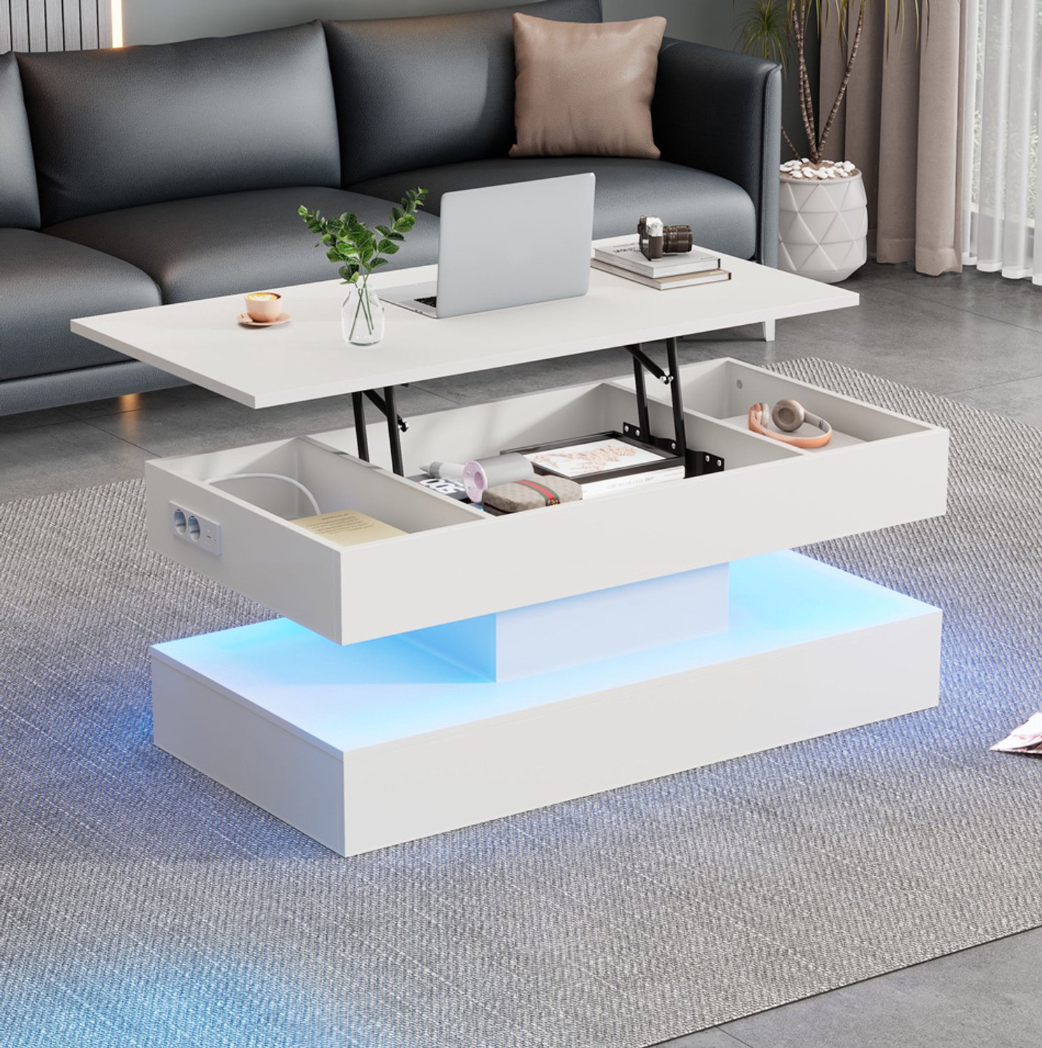 Maisentiel Salontafel 100 x 50 x 42 cm met verstelbaar blad, LED en stopcontacten, wit