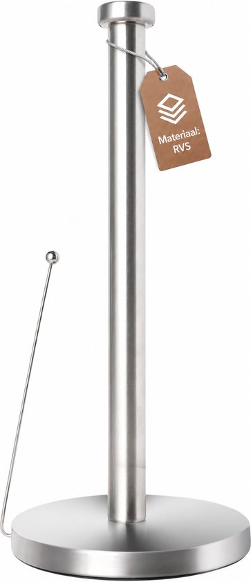 Porte-essuie-tout en inox avec base ronde et tige verticale, étiquette avec texte Materiaal: RVS.