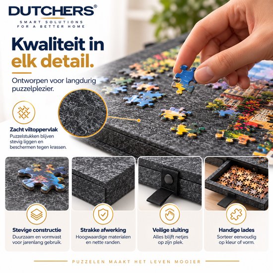 Close-up van een puzzelstukje op een zacht viltoppervlak, tonend de stevige constructie en handige lades.