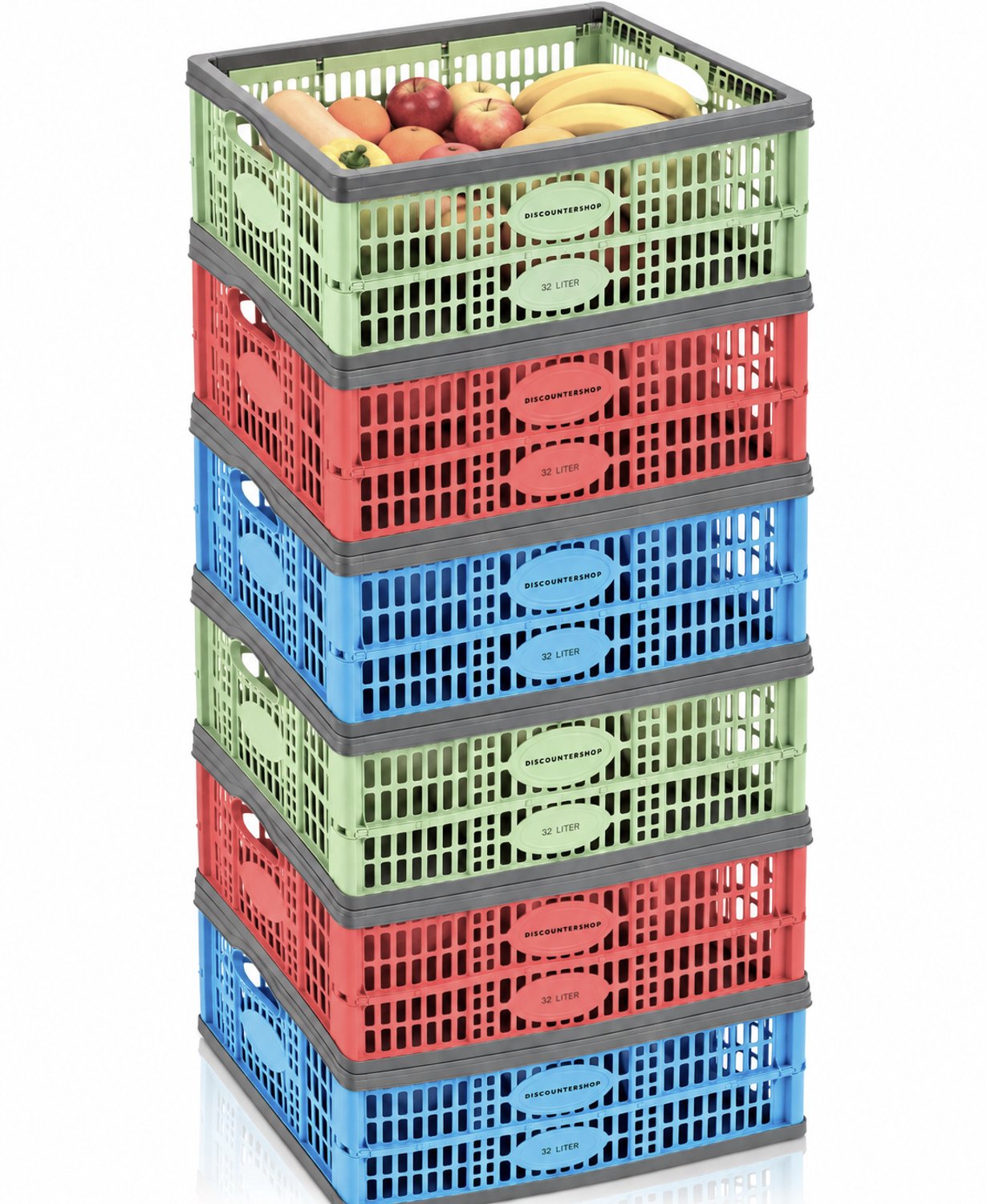 Vouwkrat 6 Stuks Assorti – 32 Liter – Boodschappenkrat Opvouwbaar – Opvouwbare Krat – Inklapbare Opbergkrat – Kunststof Stapelbare Kratten – Rood/Blauw/Groen