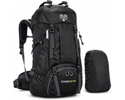 RAMBUX® Hiking Backpack 60L - Trekking Rugzak - Wandelrugzak - Outdoor Backpack met Regenhoes - Heupriem - Schoenenvak - Lichtgewicht Reisrugzak - Zwart