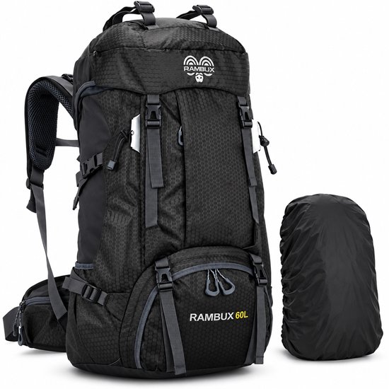 Zwarte 60L Rambux wandelrugzak met honingraatpatroon, verstelbare banden en een bijbehorende regenhoes.